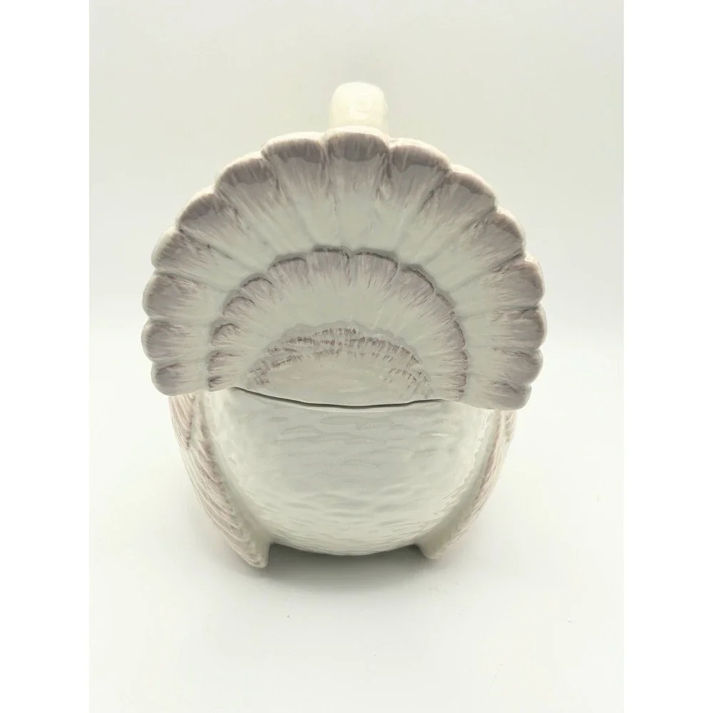 Ceramic Turkey Gravy Boat Lidded Tureen White with Purple Accents Thanksgiving